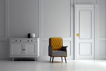 The interior has room a armchair and Cabinet on empty white wall background. Generative Ai