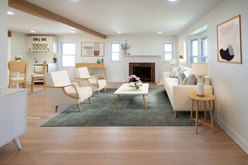 Spacious Big Living Room Of Luxurious Estate With Wooden Elements. Modern Mansion Interior With A New Stylish Furniture Design Concept For Residential Home. 3D illustration. Florida, USA