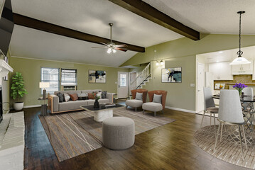 Spacious Big Living Room Of Luxurious Estate With Wooden Elements. Modern Mansion Interior With A New Stylish Furniture Design Concept For Residential Home. 3D illustration. Florida, USA © 52 Photo