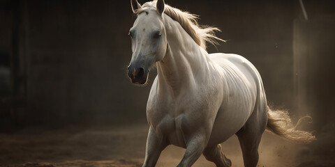 Naklejka na ściany i meble White horse run forward in dust Generative AI
