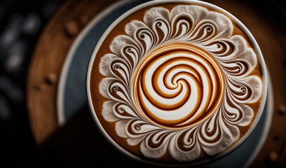  a close up of a cup of coffee with a swirl design on it.  generative ai