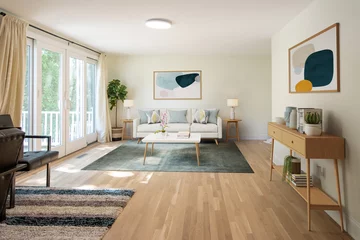 Fotobehang Scandinavisch Spacious Big Living Room Of Luxurious Estate With Wooden Elements. Modern Mansion Interior With A New Stylish Furniture Design Concept For Residential Home. 3D illustration. Florida, USA  © 52 Photo