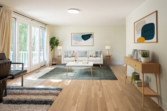 Spacious Big Living Room Of Luxurious Estate With Wooden Elements. Modern Mansion Interior With A New Stylish Furniture Design Concept For Residential Home. 3D illustration. Florida, USA