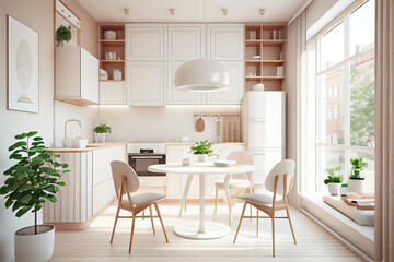 Fototapeta na wymiar Warm pastel white and beige colors are used in the interior design of the spacious. Generative Ai