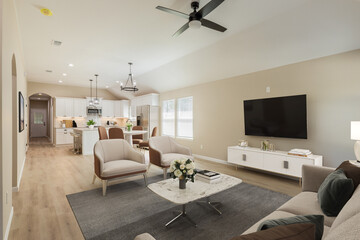 Spacious Big Living Room Of Luxurious Estate With Wooden Elements. Modern Mansion Interior With A New Stylish Furniture Design Concept For Residential Home. 3D illustration. Florida, USA