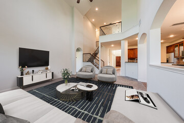 Spacious Big Living Room Of Luxurious Estate With Wooden Elements. Modern Mansion Interior With A New Stylish Furniture Design Concept For Residential Home. 3D illustration. Florida, USA