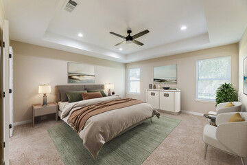 Luxurious Bright Bedroom With Comfortable King Size Bed and Modern Furniture. Template For Expensive Bedroom. Concept For Interior, Architecture and Lifestyle. 3D illustration. Florida, USA - 2023