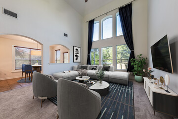 Spacious Big Living Room Of Luxurious Estate With Wooden Elements. Modern Mansion Interior With A...