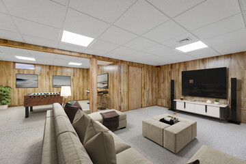 Spacious Big Living Room Of Luxurious Estate With Wooden Elements. Modern Mansion Interior With A New Stylish Furniture Design Concept For Residential Home. 3D illustration. Florida, USA