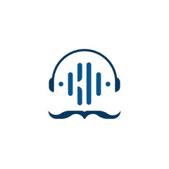 Illustration vector graphic of the initials km logo with sound waves shaped like an old man with a mustache wearing headphones. flat design style. suitable for music groups, podcasts, trademarks, etc.