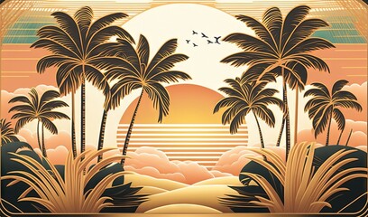 Fototapeta na wymiar a painting of a sunset with palm trees and a beach. generative ai
