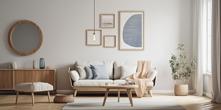 one big mock-up wall decor frame is hanging in minimal style Generative AI