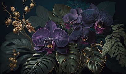  a painting of purple flowers and leaves on a black background.  generative ai