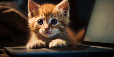 Adorable kitten lying at laptop Generative AI