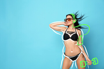 Slim woman in bikini and sunglasses on light blue background. Outline with dumbbell during training as her overweight figure before workout. Space for text