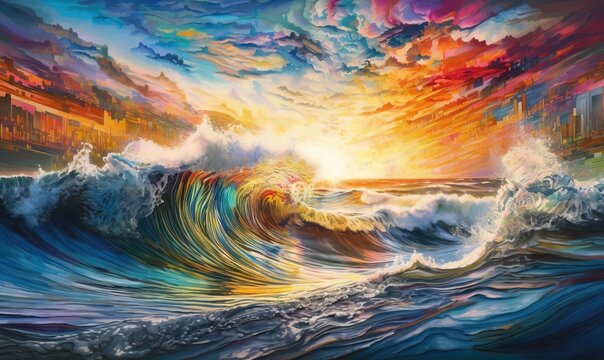  a painting of a sunset over the ocean with a wave.  generative ai