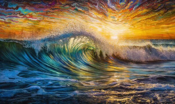  a painting of a wave with a sunset in the background.  generative ai