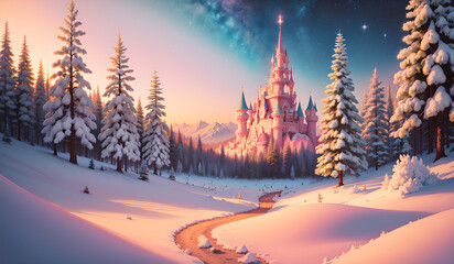 Obraz premium Photo of a winter castle surrounded by snow-covered trees in a forest