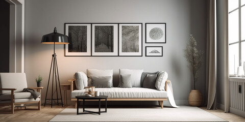 one big mock-up wall decor frame is hanging in minimal style Generative AI