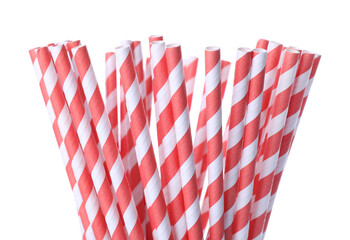 Striped paper cocktail tubes on white background