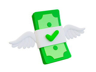 3d minimal financially confirmed. transaction success. A bunch of banknotes with wing and check mark. 3d illustration.