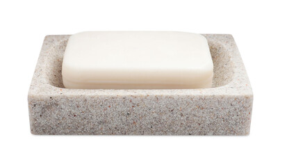 Holder with soap bar on white background