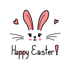 Cute Easter bunny vector illustration, hand drawn kids rabbit. Greeting card Happy Easter isolated on white background.