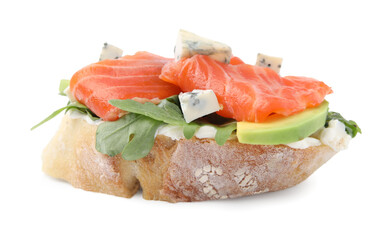 Tasty bruschetta with salmon, avocado and cheese on white background