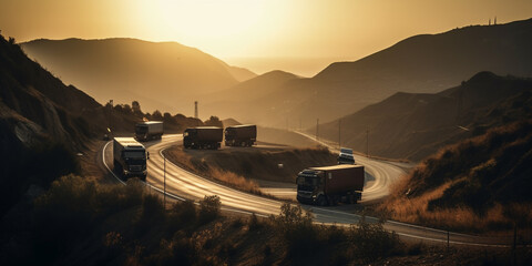 Fototapeta na wymiar Trucks on highway in mountain at sunset Generative AI