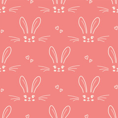 Cute bunny seamless pattern. Hand drawn doodle rabbit face and hearts vector wallpaper. Happy Easter banner background..