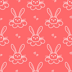 Cute bunny seamless pattern. Hand drawn doodle rabbit face and hearts vector wallpaper. Happy Easter banner background..