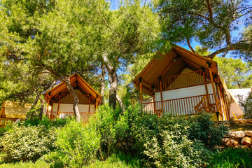 Gorgeous view of canvas glamping bell tents in a green wood on a sunny day. Croatia, Europe.