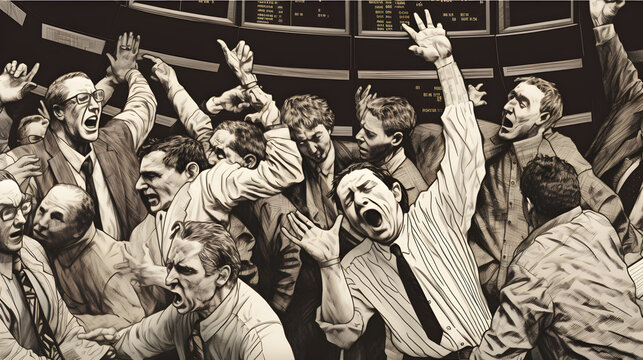 Image of a stock market ticker, a tense scene at the stock market, while the value of stocks plummets.