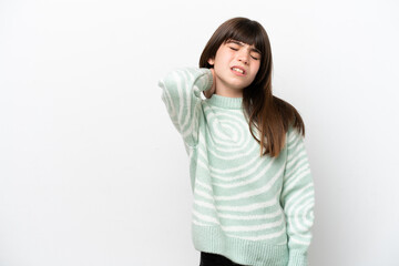 Little caucasian girl isolated on white background with neckache