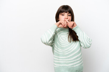 Little caucasian girl isolated on white background showing a sign of silence gesture