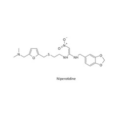 Niperotidine  flat skeletal molecular structure H2 receptor antagonist drug used in heartburn, peptic ulcer treatment. Vector illustration.