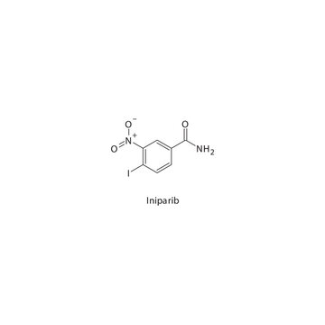 Iniparib&nbsp; flat skeletal molecular structure PARP inhibitor drug used in Breast cancer treatment. Vector illustration.