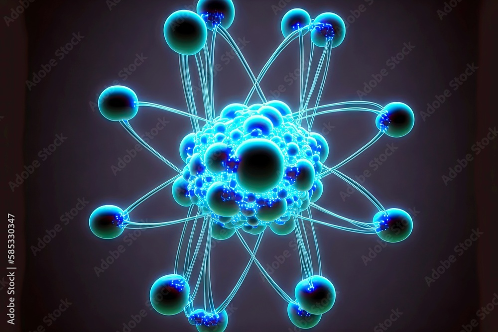 Poster blue-lit atom orbit with particles on dark background, created with generative ai