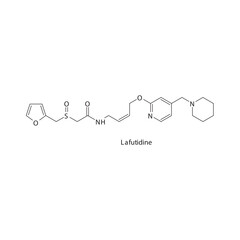 Lafutidine flat skeletal molecular structure H2 receptor antagonist drug used in heartburn, peptic ulcer treatment. Vector illustration.