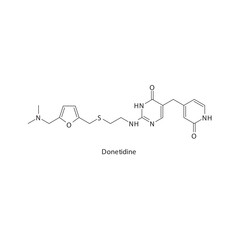 Donetidine flat skeletal molecular structure H2 receptor antagonist drug used in heartburn, peptic ulcer treatment. Vector illustration.