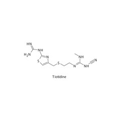 Tiotidine flat skeletal molecular structure H2 receptor antagonist drug used in heartburn, peptic ulcer treatment. Vector illustration.