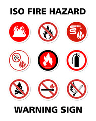 ISO Fire warning sign hazard set collection 