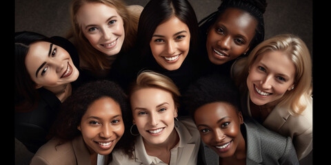 View of group of smiling multiethnic businesswomen. top view. 