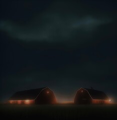 Fototapeta na wymiar Twin barns under summer night sky 