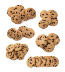 Collage of tasty chocolate chip cookies on white background, top view