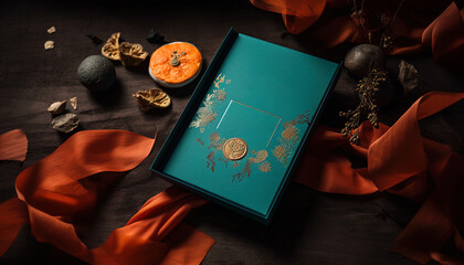 Contemporary wedding invitation with a beautiful teal and tangerine colors