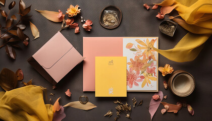 Contemporary wedding invitation showcasing a beautiful pink and yellow color palette