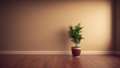Beige Wall Empty Room Interior with Wooden Flooring and Pot Plant for Background