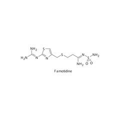 Famotidine flat skeletal molecular structure H2 receptor antagonist drug used in heartburn, peptic ulcer treatment. Vector illustration.