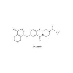 Olaparib flat skeletal molecular structure PARP inhibitor drug used in Breast cancer treatment. Vector illustration.